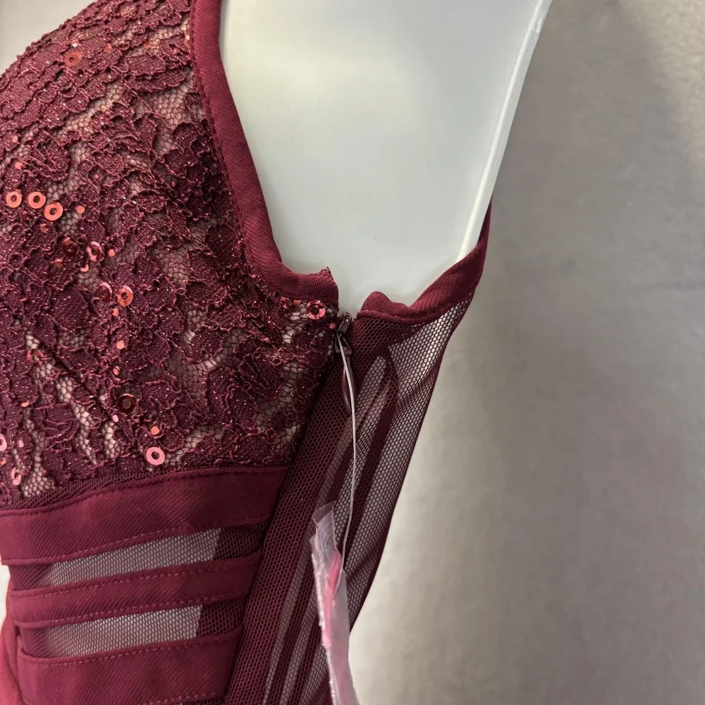 NWT Morgan & Co Lace Sequin Cutout Dress Juniors 5‎ Merlot Red Halter Party NEW